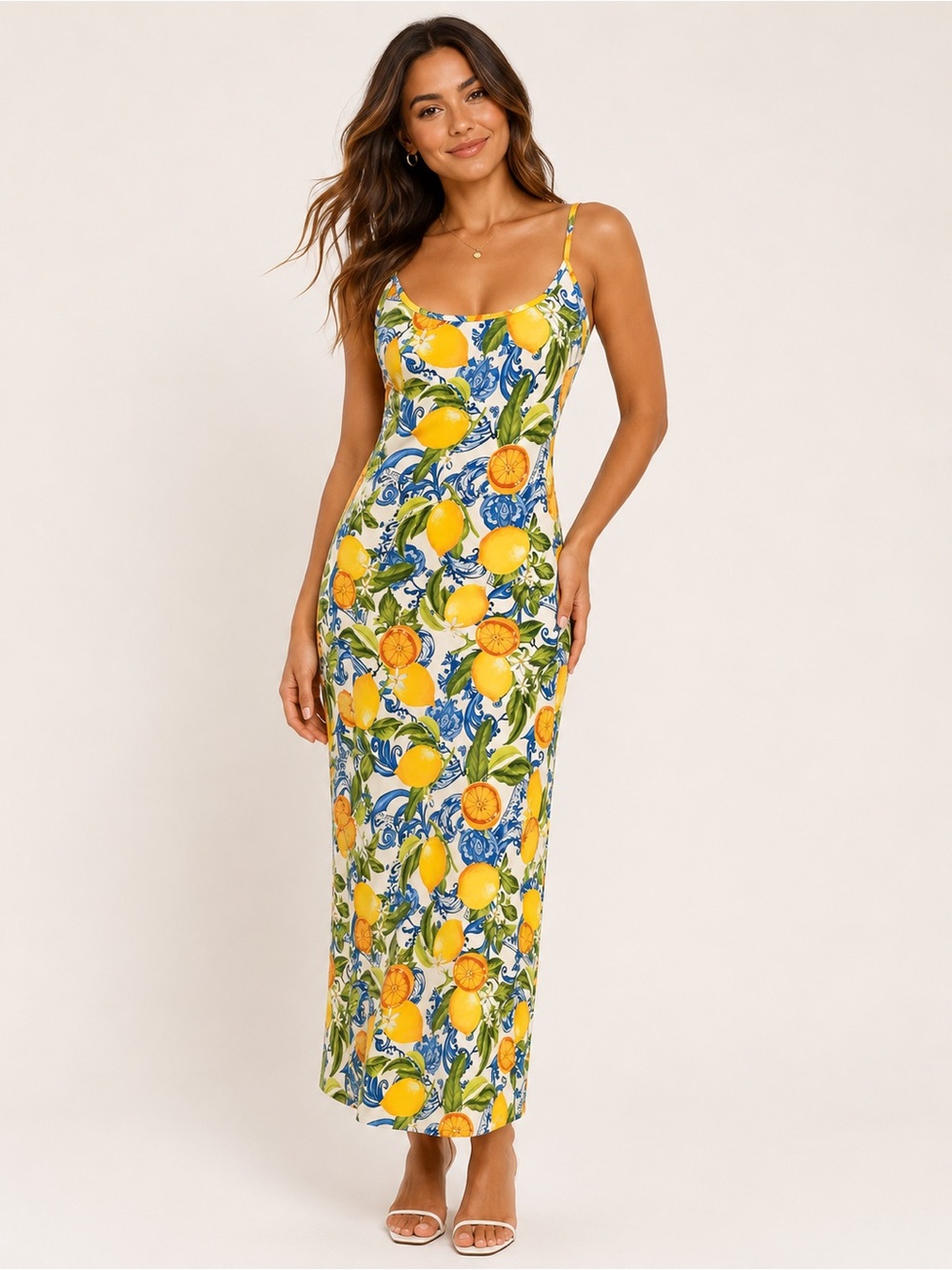 Sleeveless Lemon Print Maxi Dress - Size Large - Yellow